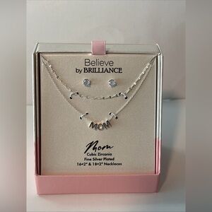 Brilliance Women's Cubic Zirconia Silver Plated ‘Mom' Necklace and Stud Set new